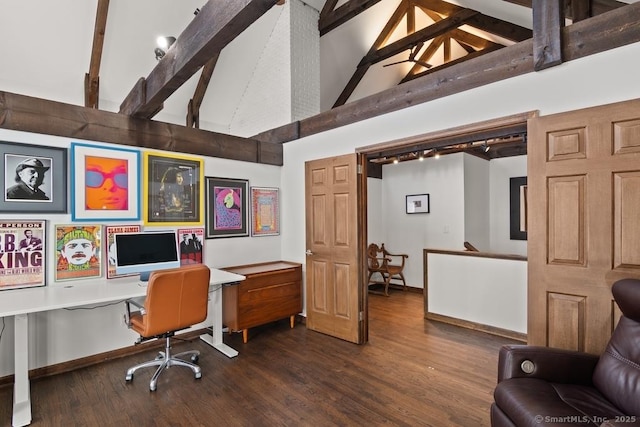 office area featuring high vaulted ceiling, dark wood finished floors, beam ceiling, and baseboards