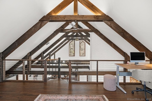 bonus room featuring visible vents, lofted ceiling with beams, and wood finished floors