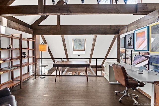 office space with lofted ceiling with skylight and dark wood finished floors