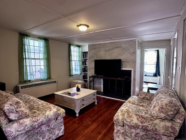 living room with dark wood-type flooring and radiator