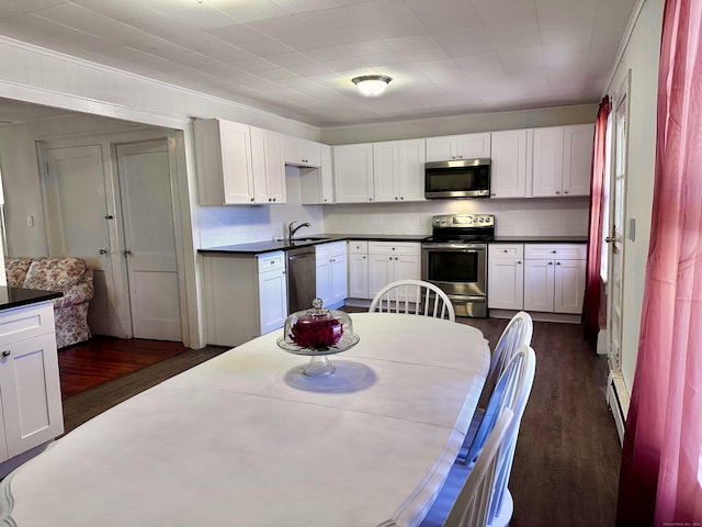 kitchen featuring dark countertops, dark wood-style floors, appliances with stainless steel finishes, white cabinetry, and a sink