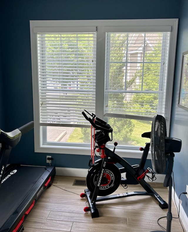 workout area with baseboards, a wealth of natural light, and wood finished floors