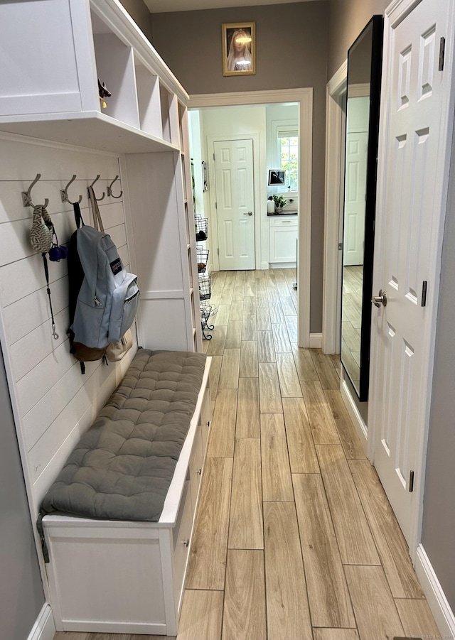 mudroom featuring baseboards and wood tiled floor