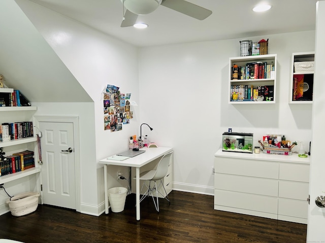 interior space featuring dark wood-style floors, baseboards, a ceiling fan, and recessed lighting