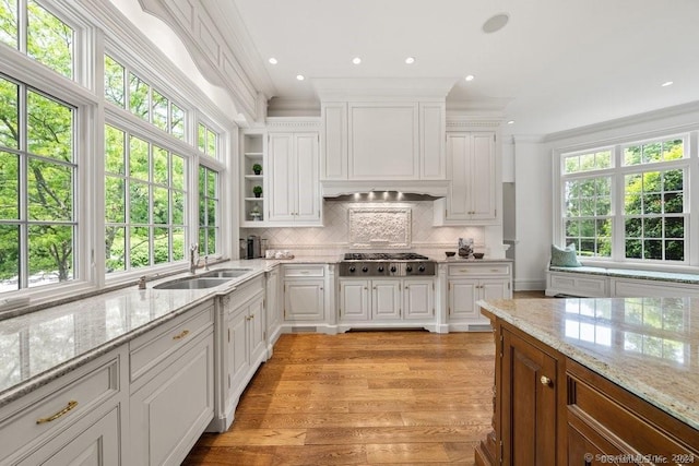 262 Brushy Ridge Rd, New Canaan, CT 06840 - kitchen with stainless steel gas cooktop, ornamental molding, a sink, white cabinets, and open shelves