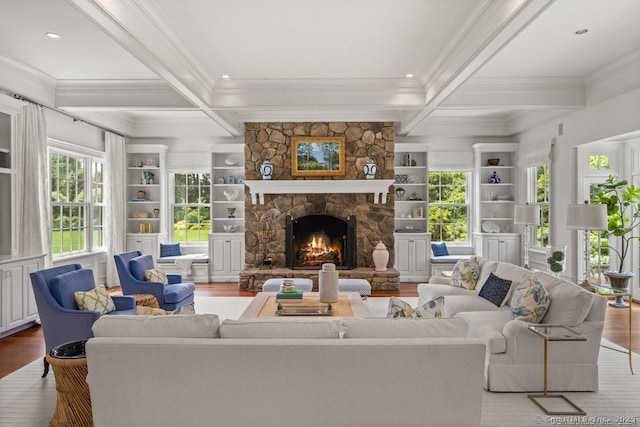 262 Brushy Ridge Rd, New Canaan, CT 06840 - living area with ornamental molding, coffered ceiling, beam ceiling, wood finished floors, and a stone fireplace