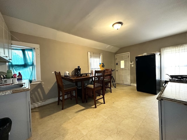 dining area featuring light floors, baseboards, vaulted ceiling, and a baseboard heating unit