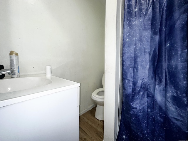 bathroom featuring vanity, toilet, and wood finished floors