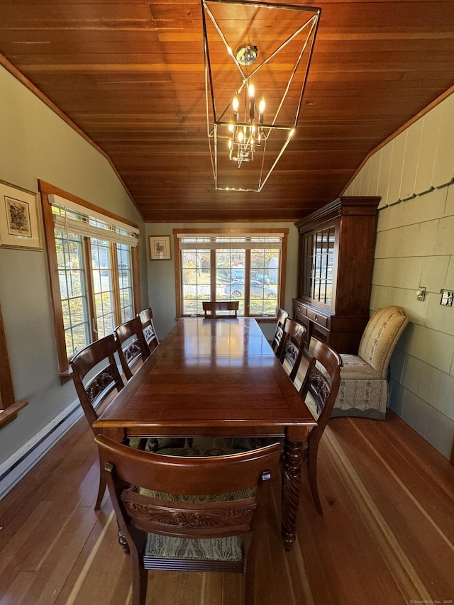 dining space featuring a notable chandelier, lofted ceiling, a healthy amount of sunlight, wood finished floors, and wooden ceiling