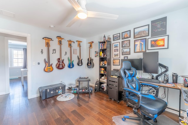 office space with a ceiling fan, dark wood-style flooring, visible vents, and baseboards