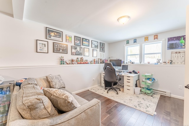 office space featuring baseboards and dark wood-type flooring