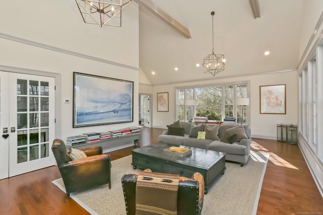 interior space featuring a chandelier, high vaulted ceiling, recessed lighting, wood finished floors, and beamed ceiling