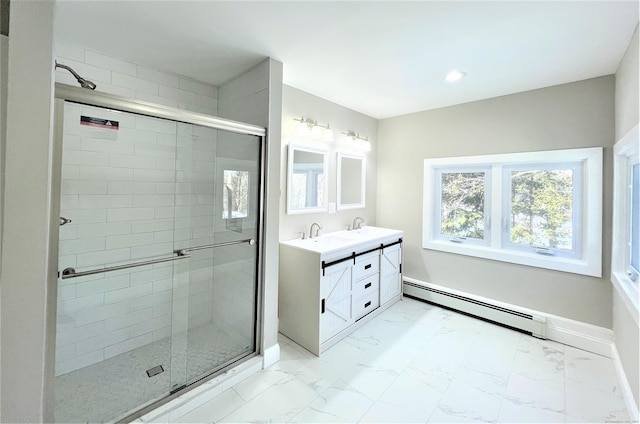 full bathroom with a baseboard radiator, marble finish floor, a shower stall, and double vanity