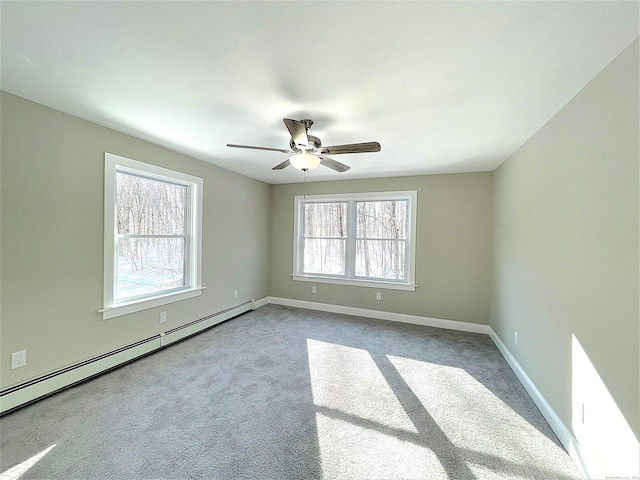 spare room featuring carpet, a baseboard radiator, baseboards, and ceiling fan