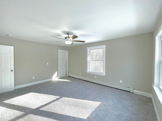 spare room with carpet floors, baseboards, a baseboard heating unit, and ceiling fan