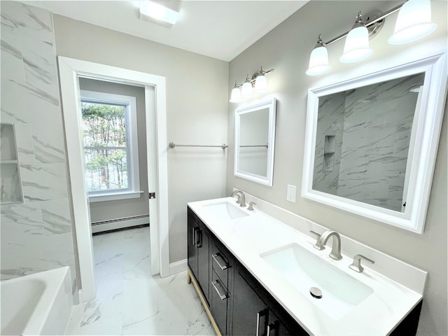 bathroom featuring double vanity, marble finish floor, baseboard heating, and a sink