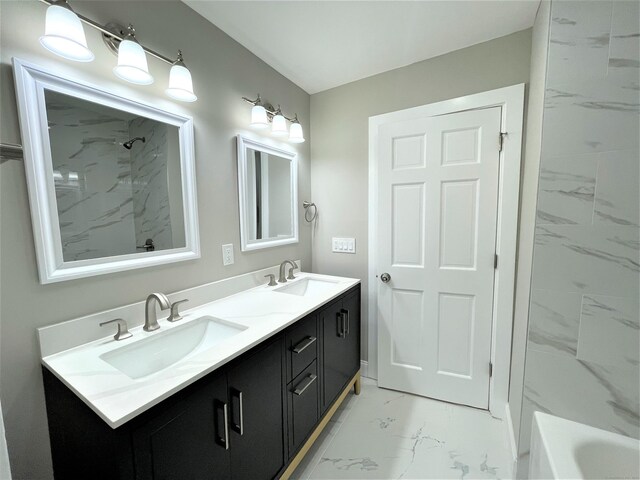 157R Sumner Wood Rd, Durham, CT 06422 - full bath featuring marble finish floor, walk in shower, double vanity, and a sink
