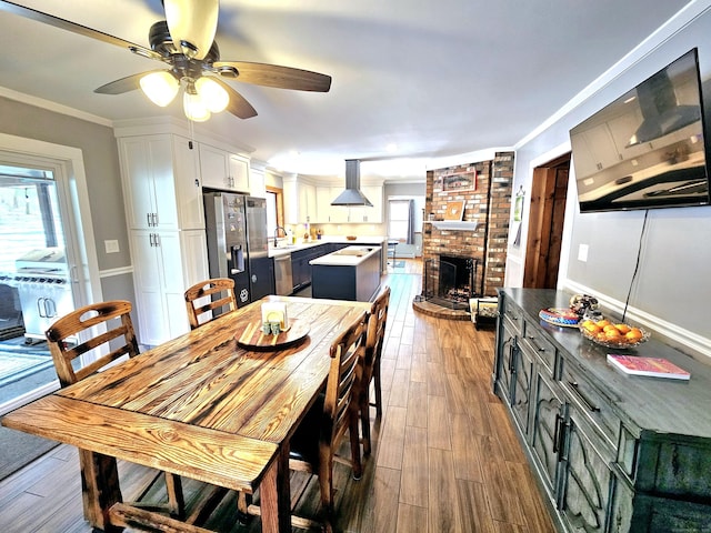 dining room featuring ornamental molding, a fireplace, and dark wood-style floors