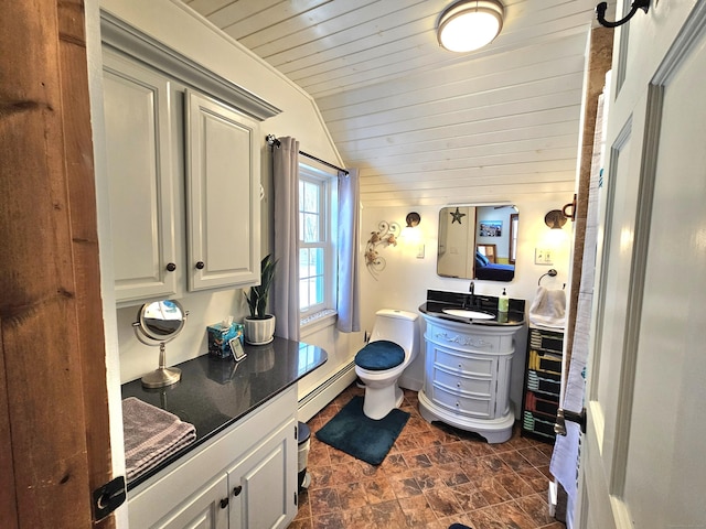 bathroom with lofted ceiling, toilet, baseboard heating, wood ceiling, and vanity