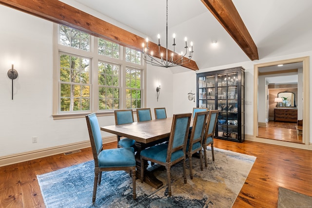 dining area featuring an inviting chandelier, wood finished floors, visible vents, and baseboards