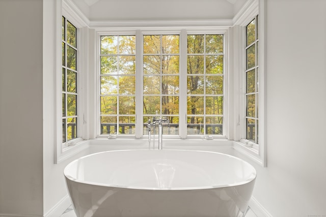 bathroom featuring plenty of natural light, a freestanding bath, and lofted ceiling