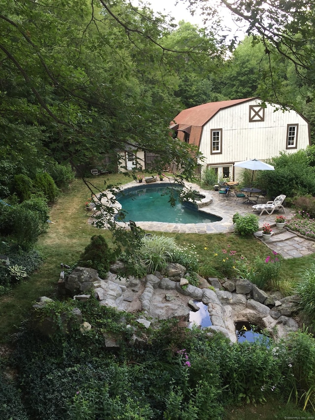 pool with a view of trees and a patio