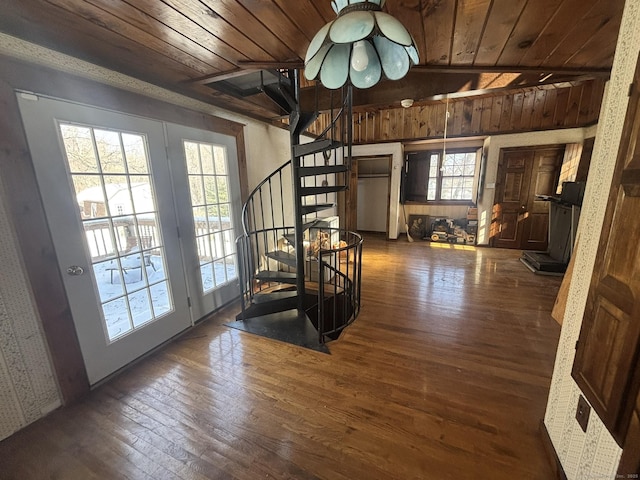 interior space featuring wooden ceiling, stairway, and dark wood finished floors