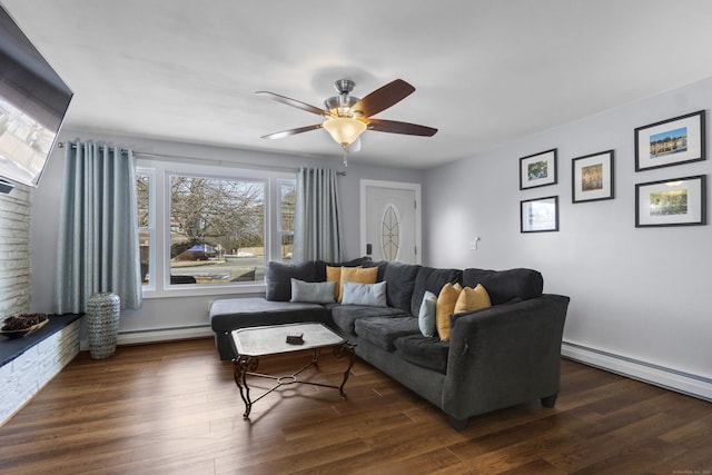 living room featuring dark wood-style floors, a baseboard heating unit, ceiling fan, and a baseboard radiator