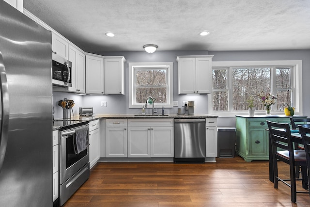 kitchen featuring white cabinetry, appliances with stainless steel finishes, dark wood-type flooring, and a sink