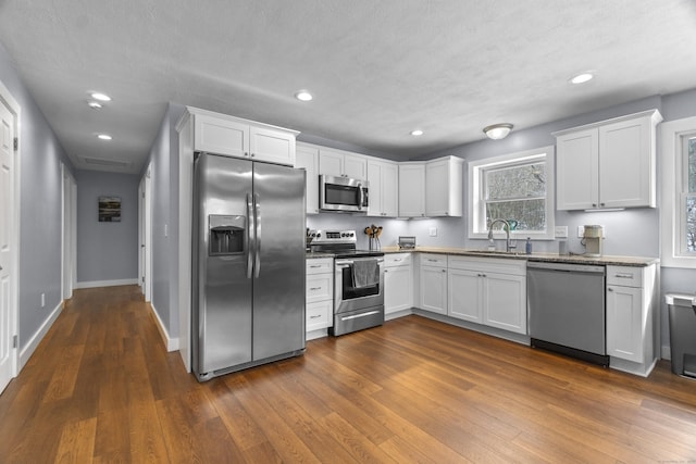 kitchen with stainless steel appliances, dark wood finished floors, white cabinets, and a sink