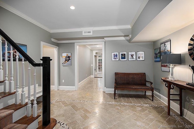 interior space featuring visible vents, stairway, ornamental molding, stone finish floor, and baseboards