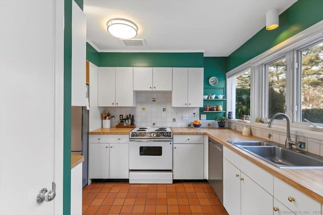 kitchen with white electric stove, light countertops, a sink, and white cabinetry