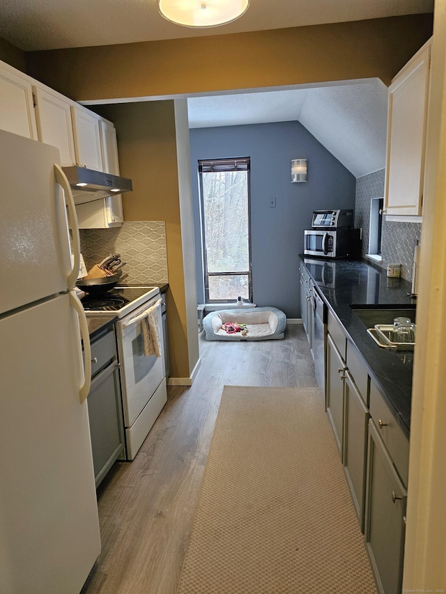 kitchen featuring tasteful backsplash, dark countertops, light wood-style flooring, stainless steel appliances, and under cabinet range hood