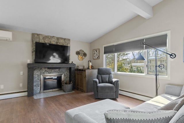 living area featuring a baseboard radiator, a stone fireplace, a wall unit AC, and lofted ceiling with beams