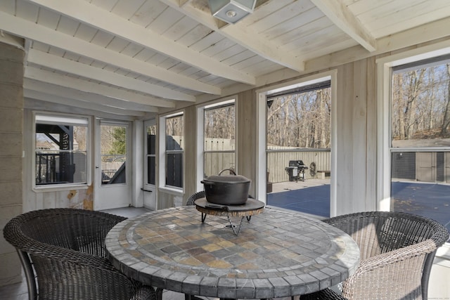 sunroom featuring wood ceiling and beamed ceiling