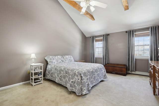 bedroom with high vaulted ceiling, light colored carpet, ceiling fan, and baseboards