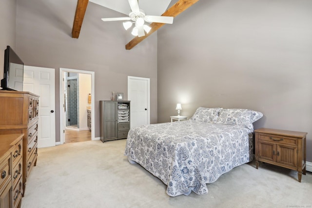 bedroom with baseboards, a ceiling fan, light colored carpet, high vaulted ceiling, and beam ceiling