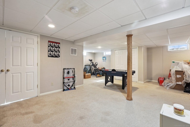 playroom featuring a paneled ceiling, visible vents, and carpet flooring