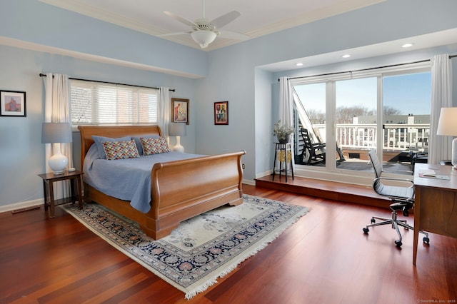 bedroom featuring access to exterior, baseboards, wood finished floors, and ornamental molding