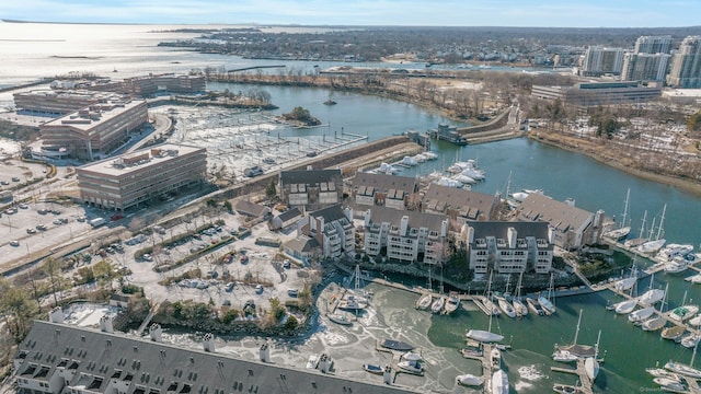 aerial view with a water view and a city view