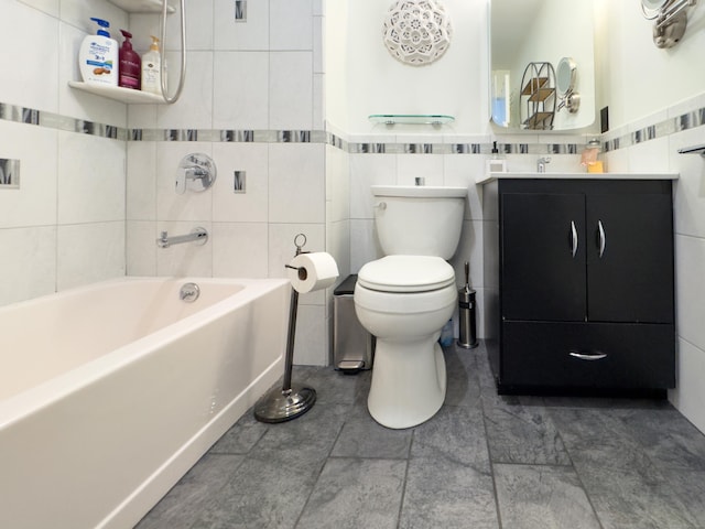 full bath featuring toilet, tile walls, and vanity