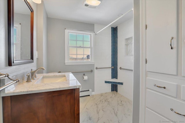 bathroom with a baseboard heating unit, marble finish floor, vanity, and a shower with shower curtain