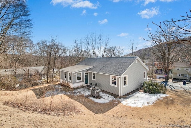 back of house with roof with shingles and driveway