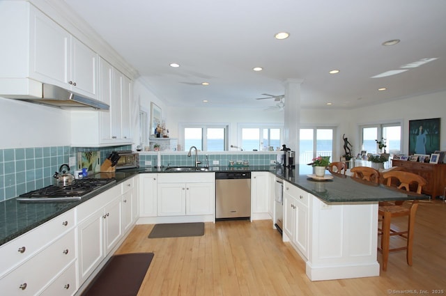 kitchen featuring a peninsula, under cabinet range hood, appliances with stainless steel finishes, and a sink