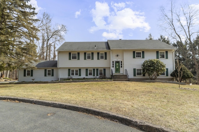 raised ranch featuring a front lawn