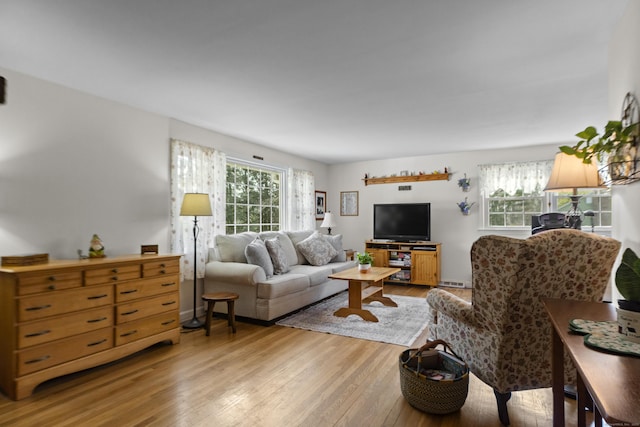 living area with light wood-style flooring and a wealth of natural light