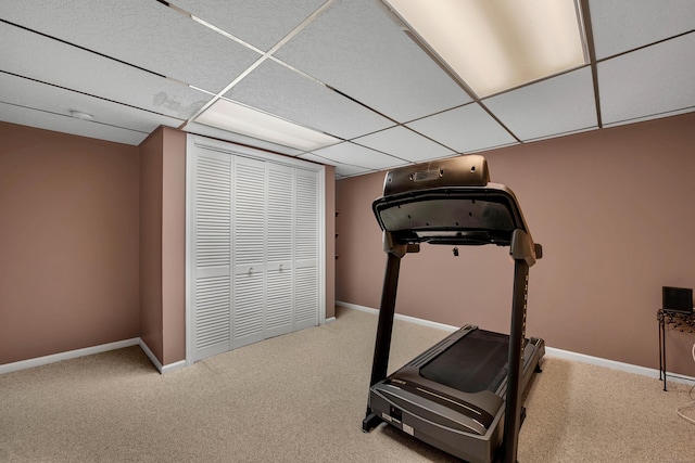 workout area featuring a paneled ceiling, carpet flooring, and baseboards