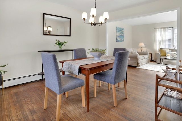 dining space with a baseboard heating unit, a baseboard radiator, dark wood finished floors, and a chandelier