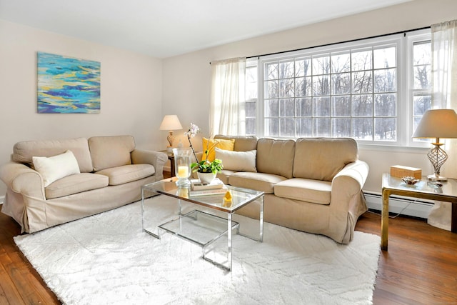 living area with baseboard heating and wood finished floors