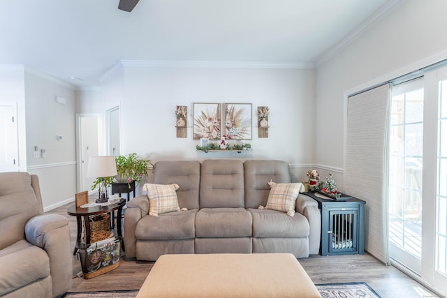 living room with a ceiling fan, crown molding, and light wood-style flooring